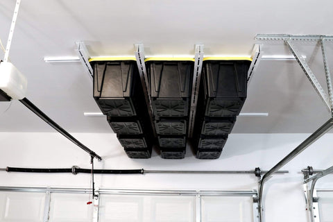 EZ Garage Storage Alloy Steel Tote Slide PRO Overhead Garage Storage Rack -  Organize Up to 15 Storage Tote Container Bins on The Ceiling, 88 x 80 x